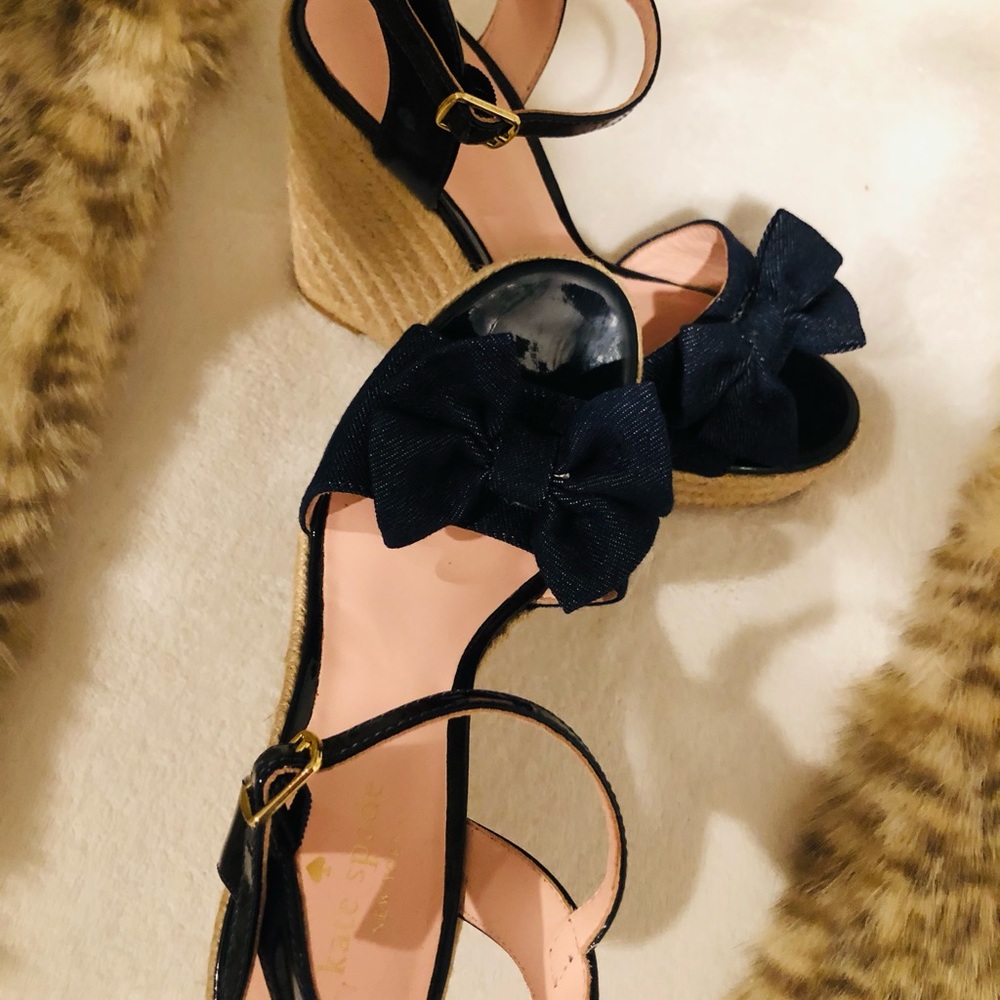 Wedge cute bow Kate spade sandals denim combine with a soft leather